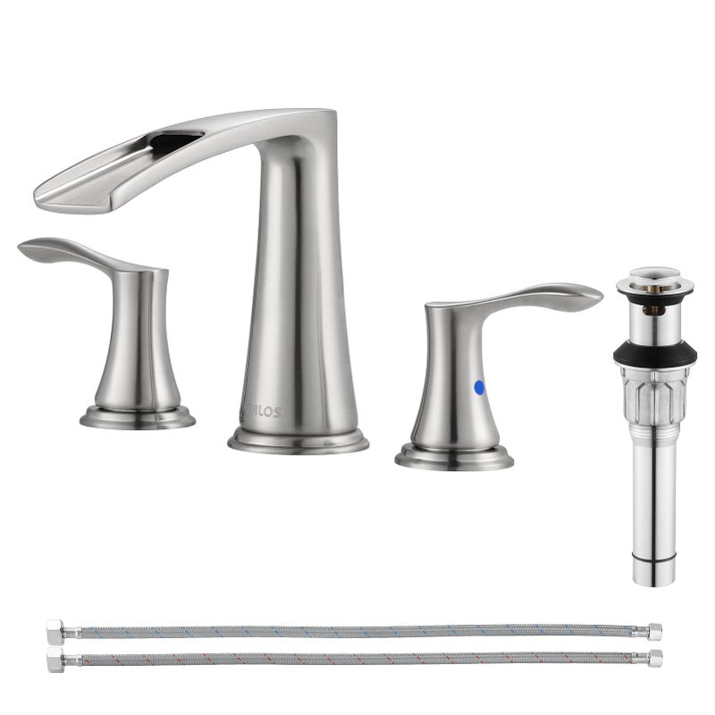PARLOS Waterfall Widespread Bathroom Faucet 2 Handles with Metal Pop Up Drain & cUPC Faucet Supply Lines, Brushed Nickel, Demeter 1431802 - Image 1